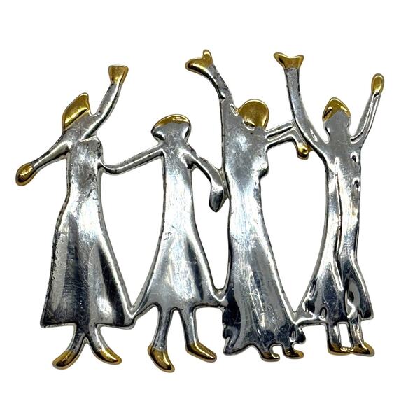 Best Dancing Women Brooch Pin Silver Tone Gold Accent Abstract Celebration VTG - Picture 1 of 3
